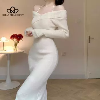 Платье-футляр с открытыми плечами и французским воротником, женское осенне-зимнее платье, теплое платье высокого качества S чёрный