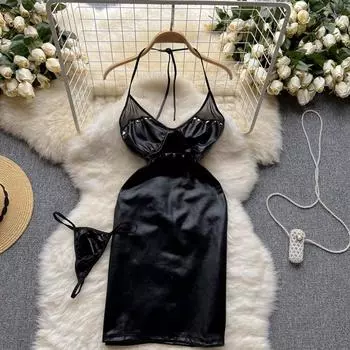 Платье-футляр с v-образным вырезом и висячим воротником в Европе и США. Сексуальный рюкзак для девочек. Сетчатое платье на бедрах.