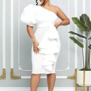 Платье-футляр сексуального размера с косыми плечами, плюс женская мода с пышными рукавами S белый