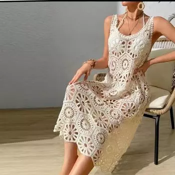 Платье-футляр в стиле ретро с крючком и цветочным узором для женщин, летнее, новое, свободный и многослойный, темпераментный, вязаный жилет, однотонный, без рукавов, повседневный one size белый