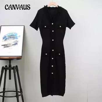 Платье Gentle Wind Fringe Knit с короткими рукавами, женское, больших размеров, с V-образным вырезом, чистое цветное платье средней длины One Size чёрный