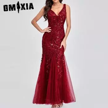 Платье GMXIA, сексуальная длинная юбка без рукавов с v-образным вырезом и вышивкой из бисера, облегающее вечернее платье подружки невесты с рыбьим хвостом, женское S бордовый