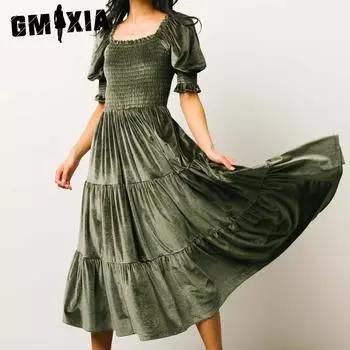 Платье GMXIA весна-лето для пригородных поездов из золотистого бархата с квадратным воротником, оборками на высокой талии и облегающим темпераментом S бордовый