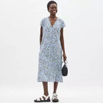 Платье GU by Uniqlo с V-образным вырезом и принтом, с короткими рукавами и цветком A