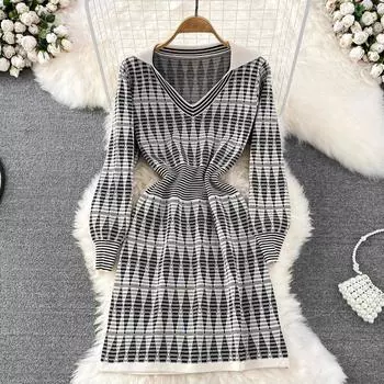 Платье «гусиные лапки» с v-образным вырезом на талии, тонкое трикотажное короткое платье трапециевидной формы с длинными рукавами