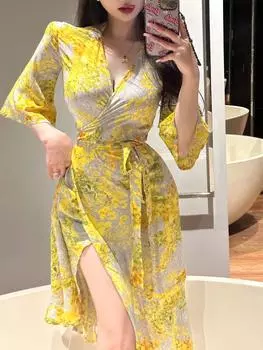 Платье-халат с золотистым цветочным французским принтом для отдыха на пляже Medium жёлтый