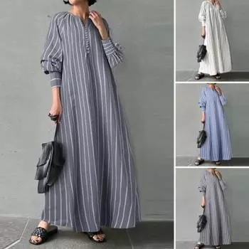 Платье-халат, стильное дышащее платье-халат с длинными рукавами, женское свободное платье макси в полоску с принтом, женское платье, уличная одежда M чёрный