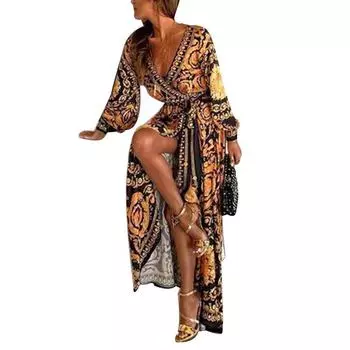 Платье-халат в стиле бохо с V-образным вырезом и цветочным принтом, длинные рукава 2024 года S золотой