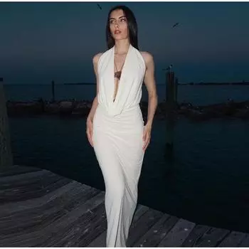 Платье-халтер без рукавов, длинное, с открытой спиной и бедрами, летнее, вечернее, женское, халат XS синий