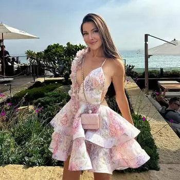 Платье-халтер с 3D-цветами и шнуровкой, женское, с принтом, многослойное, с открытой спиной, глубоким V-образным вырезом, плиссированное, пышное, модное женское летнее пляжное платье S розовый