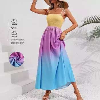 Платье-халтер с высокой талией и градиентным лоскутным стилем для женской одежды на весну и лето S синий