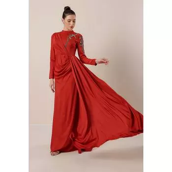 Платье хиджаб из креп-атласа с вышитым камнем спереди и плиссированной подкладкой