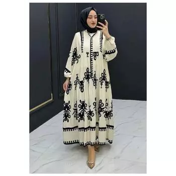 Платье-хиджаб из вискозной ткани свободного кроя кремового цвета с этническим рисунком
