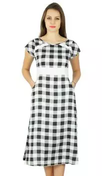 Платье хлопка картины проверки женщин Бимба с повседневной одеждой длины колена карманов 18 чёрный