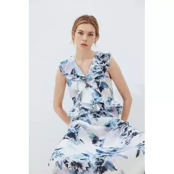 Платье HM с воланом Белый Синий Цветочный принт