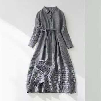 Платье художественное свободное, омолаживающее, повседневное, со шнуровкой, длинная клетчатая юбка M