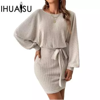 Платье IHUASU Autumn Women s с поясом и длинными рукавами, с резинкой для волос, в полоску, с принтом летучей мыши, шерстяное трикотажное платье XS абрикосовый
