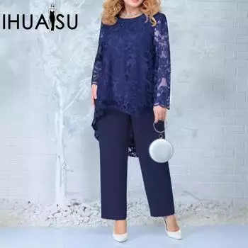 Платье IHUASU, женское вечернее платье больших размеров, кружевные брюки с вышивкой, коктейльное платье из двух частей