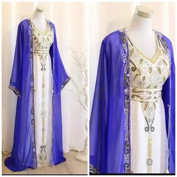 Платье Исламское Стильное Длинное Марокканское Платье Дубай Фараша Кафтан Абая Ручной Работы XS белый/темно-синий