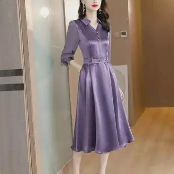 Платье из атласа и ацетата с длинными рукавами, осень 2025 г. — утягивающий и прикрывающий живот дизайн для стильного образа XL