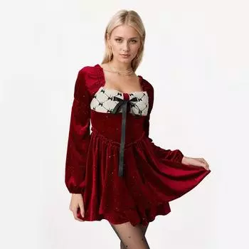 Платье из бархата с длинными рукавами, квадратным воротником и бантом в стиле «Темперамент» M красный