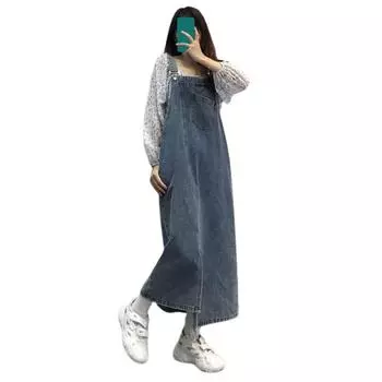 Платье из денима на подтяжках, свободное, без воротника, без спинки, без рукавов, боковые карманы, разрез по низу, однотонное, регулируемый плечевой ремень, студентка S светло-синий