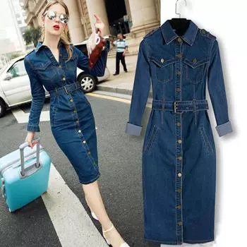 Платье из денима средней длины с воротником и облегающим дизайном XXL синий