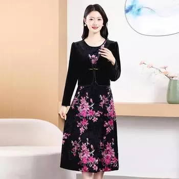 Платье из двух частей из золотого бархата в стиле пэчворк для женщин среднего возраста - Молодящий и стильный наряд с длинным рукавом для весны и осени XXXL fits 122-133 jin чёрный