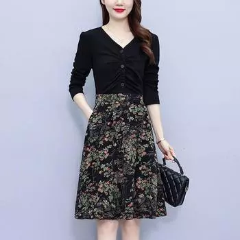 Платье из двух предметов, женское платье ранней осени с длинными рукавами, новый стиль, легкое роскошное модное тонкое платье трапециевидной формы с v-образным вырезом XL