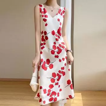 Платье из французского атласа с подтяжками и шелковым принтом, без рукавов, средней и длинной длины. S