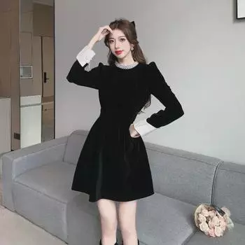 Платье из французского бархата 2024 года с отделкой бисером, маленького размера, облегающего кроя, на осень и зиму Small