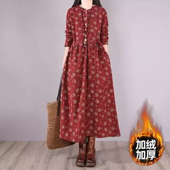 Платье из хлопка и льна с круглым вырезом и длинными рукавами для женщин, весна-осень 2025 года, новое свободное бархатное платье с ретро-цветочным принтом M