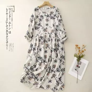 Платье из хлопка и льна с пасторальным принтом Xin Xing: Мягкий, Нежный, Свободный Крой для Весны и Осени 2XL [142-150] абрикосовый