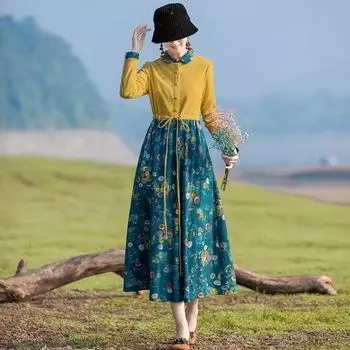 Платье из хлопка и льна в этническом стиле с принтом, длинная юбка для похудения M