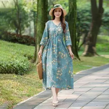 Платье из хлопка и льна, женское летнее литературное кружевное платье в стиле ретро с принтом, свободная тонкая длинная юбка XXL красный