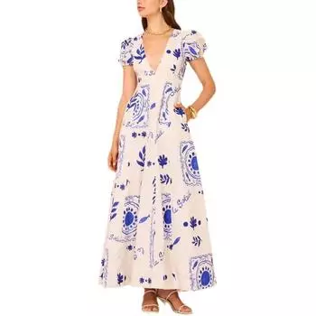 Платье из хлопка и льна с глубоким вырезом, V-образным вырезом, модным принтом, рукавами-фонариками S