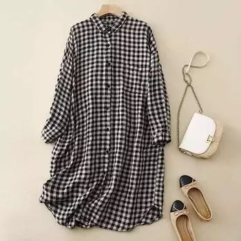 Платье из хлопка и льна с длинными рукавами в клетку для женщин, весна-лето, новая корейская версия свободного покроя большого размера, темпераментное повседневное XXL