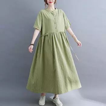 Платье из хлопка и льна в вертикальную полоску с завязками на завязках, тонкое, средней и длинной длины, новинка лета 2025 года, воротник-стойка, литературная однотонная юбка, закрывающая живот M белый