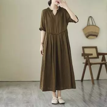 Платье из хлопка и льна 2025 года, весна-лето, новое, повседневное, свободного покроя, с грибовидным краем, с v-образным вырезом, средней и длинной длины, женское, простое M