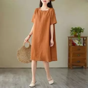 Платье из хлопка и льна, женское, летнее, повседневное, свободного покроя, средней длины, с круглым вырезом, юбка-основа XXL синий