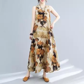 Платье из хлопка и льна больших размеров для женщин, летнее, без рукавов, с принтом, свободное, длинное, повседневное, с круглым вырезом, макси-платье M хаки