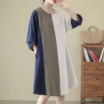 Платье из хлопка и льна для женщин, осенняя женская одежда, с длинными рукавами, простое контрастное цветное плетение, свободные прямые повседневные платья L