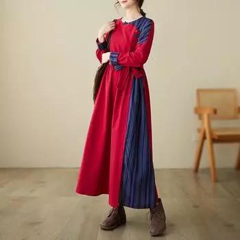 Платье из хлопка и льна с круглым вырезом, весна и осень 2025 года, новинка, литературное контрастное цветовое сращивание, женская одежда, темперамент, длинная юбка M красный