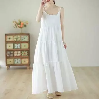 Платье из хлопка с бретелью через шею женское летнее свободное без рукавов большого размера для отдыха на море длинная льняная юбка M белый