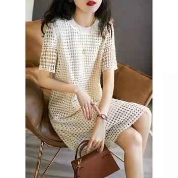 Платье из хлопка с круглым вырезом и отделкой в горошек для женщин на весну и лето S бежевый