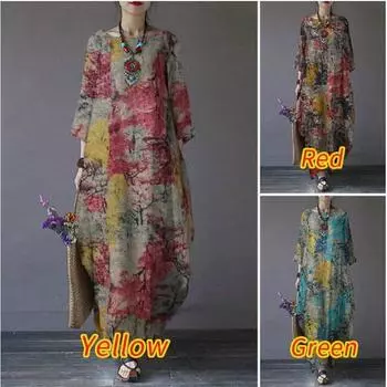 Платье из хлопка с принтом в стиле ретро - женское платье макси с рукавом 3/4 и круглым вырезом, повседневное, свободного кроя, в стиле бохо S красный