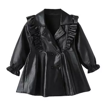 Платье из искусственной кожи для маленьких девочек, пальто, зимняя теплая куртка, милое плиссированное платье с рюшами, двубортный плащ с пышными рукавами и длинными рукавами, верхняя одежда, От 2 до 7 лет 90