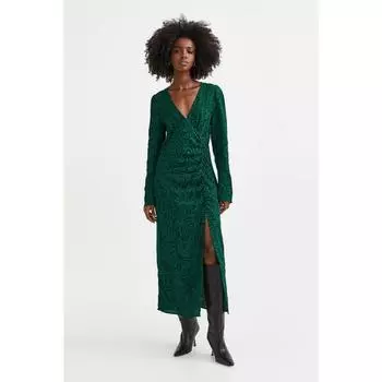 Платье из крепа с пышными рукавами H&M темно-зеленое с узором 1125033002