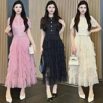 Платье из кружевной сетки с бусинами - розовое/черное M розовый