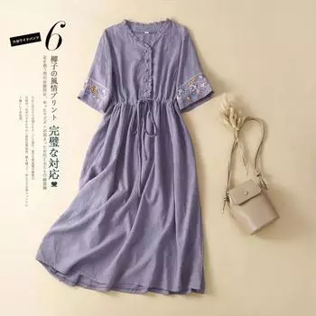 Платье из льна и хлопка с вышивкой 2025 года, лето, длина выше колена, льняной темперамент, длинная юбка, свободная Mori M фиолетовый